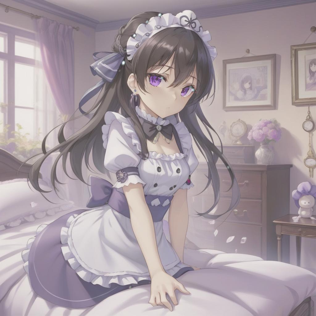  anime artwork , 20 year, dark hair, hair folded into a bundle, purple eyes, open maid's outfit, cutout on the , small silver earrings, bedroom . anime style, key visual, vint, studio anime, highly detailed