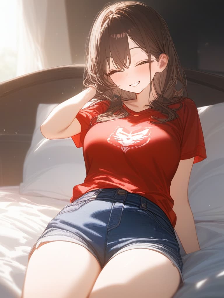  sleep in brown hair girl, smile, red t shirt, denim shorts, bed,, masterpiece, best quality,8k,ultra detailed,high resolution,an extremely delicate and beautiful,hyper detail