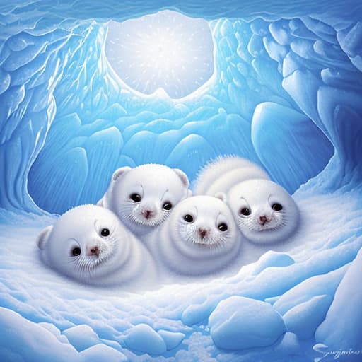  Highly detailed painting of cute furry white baby seals cuddled up inside snowy fantasy ice crystal cavern