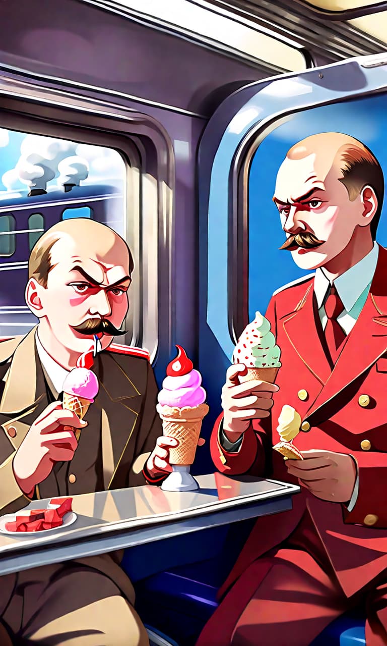  anime artwork young stalin and vladimir ilyich lenin in costumes of the early 20th century eat ice cream on the train. . anime style, key visual, vibrant, studio anime, highly detailed