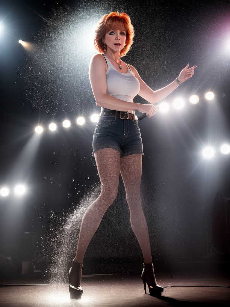  Country singer, Reba McIntyre, on stage, medium shot, upper body, spotlight, long exposure lighting, street art style spray paint, glamour lighting