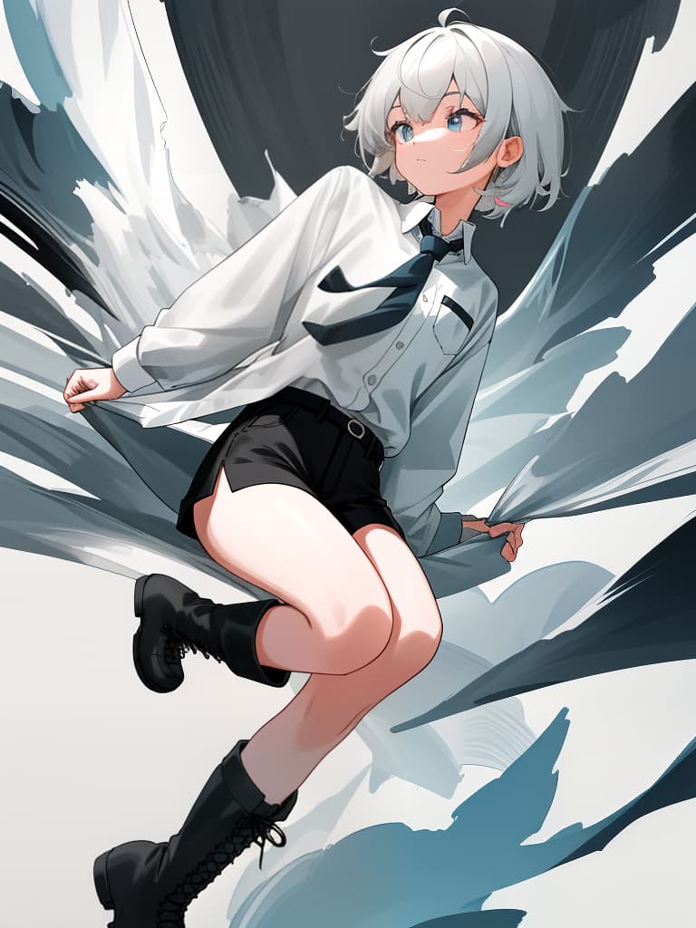  boyish girl, white shirt, tie, boots, black shorts, masterpiece, best quality,8k,ultra detailed,high resolution,an extremely delicate and beautiful,hyper detail