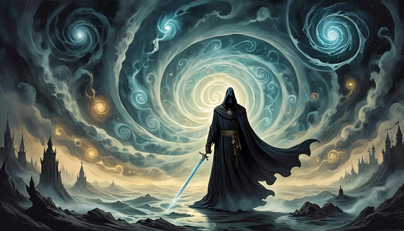  on parchment, surrealism+++, an unstoppable force, cloaked in dark flowing robes, standing amidst swirling vortex of light and shadow, glowing symbols, powerful, insurmountable(mysterious, provocative, symbolic,muted color)+++