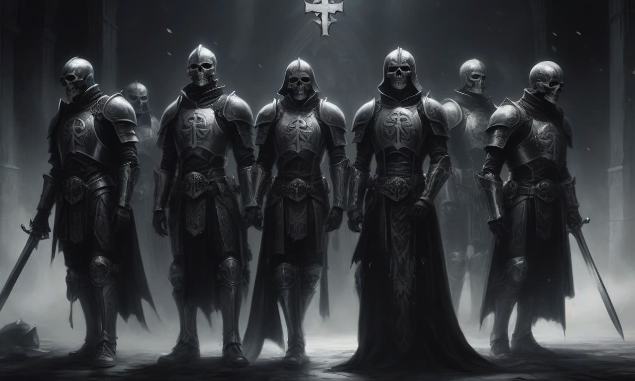  horror themed draw in black white style. the legion of the sons of night, an elite unit of knights, in a black dark universe of horrors, in iron armor with black cloaks, on their shoulder pads on the left is an engraving of an iron lion, and on the right is a white iron cross, on the front of the helmet is an iron skull. several of these knights stand in a circle, in a black temple. . eerie, unsettling, dark, spooky, suspenseful, grim, highly detailed