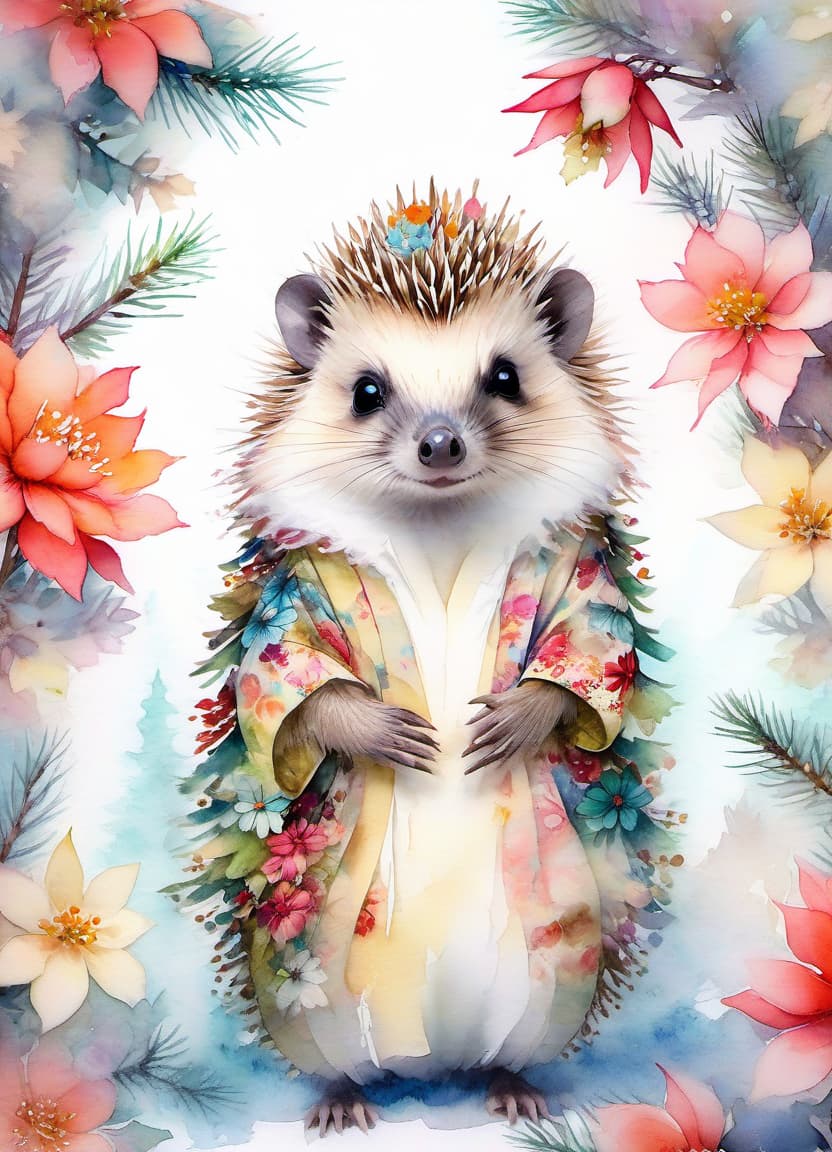  fairy tale christmas trees with cones, hedgehog in a kimono, (double exposure: 1.4). (soft textured paper). alcohol ink of (bright) flowers. the incompleteness effect. tenderness of watercolors, winter, delicate colors. thin white lines. emotion. light relief pattern. . magical, fantastical, enchanting, storybook style, highly detailed