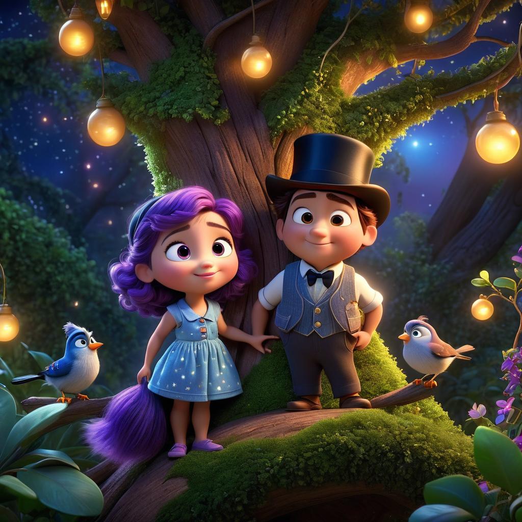  in 3d animated movie style. disney pixar style. lila, in comfy starry pajamas, and ollie, with a tiny top hat and vest, exploring a magical tree. high resolution pixar 3d animation with warm, vibrant colors and soft, bright lighting. bird's eye view showcasing their interactions in the lush, enchanting setting.