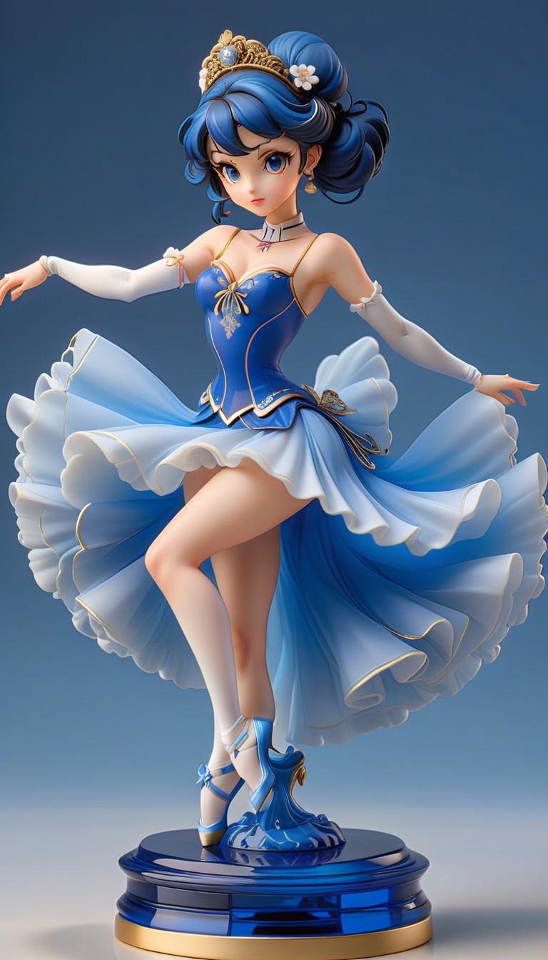  anime artwork porcelain statuette in ultramarine color of a with an elegant figure in dance, a ballerina in various dance poses, in a short transparent tutu with muscular pumped legs, a small bust and a neat , fantastically, romantically, dynamically, sensually, aesthetically.picturesque, oil.faberge style. . anime style, key visual, vint, studio anime, highly detailed, sticker hyperrealistic, full body, detailed clothing, highly detailed, cinematic lighting, stunningly beautiful, intricate, sharp focus, f/1. 8, 85mm, (centered image composition), (professionally color graded), ((bright soft diffused light)), volumetric fog, trending on instagram, trending on tumblr, HDR 4K, 8K