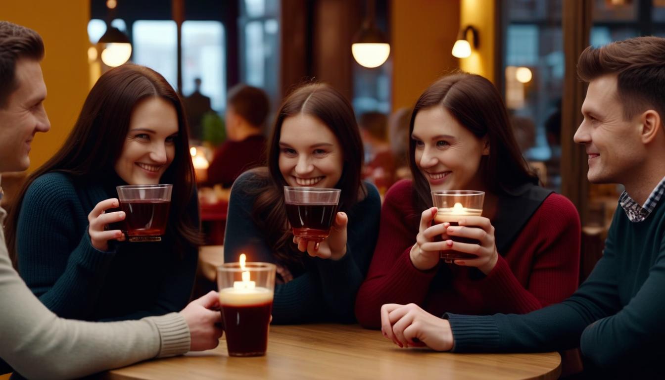  cinematic photo photographic image, autumn, friends: three 3 men aged 40 and 3 three women in a cozy cafe, they are cold, drinking hot mulled wine from glass cups, and talking, image detailing . 35mm photograph, film, bokeh, professional, 4k, highly detailed, perfect hands