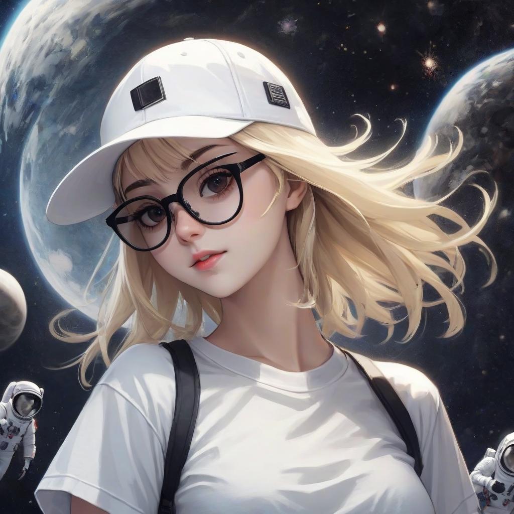  blonde girl in a white t shirt, black glasses and a white cap, space