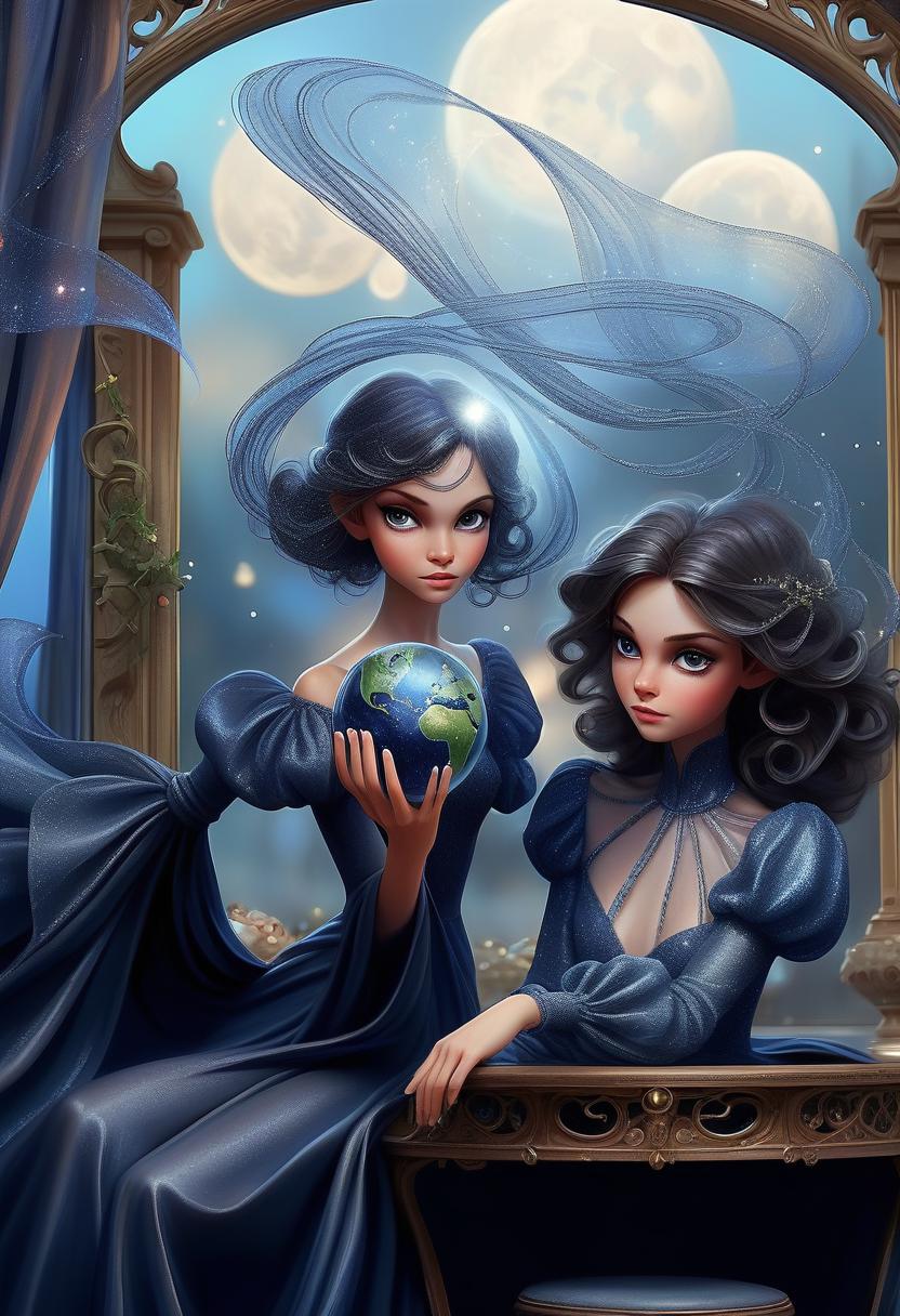  fairy tale enchantress in dark blue shimmering evening dress with airy long sleeves holding a small planet. her dark wavy hair is loose. photorealism. looking directly into the camera. . magical, fantastical, enchanting, storybook style, highly detailed