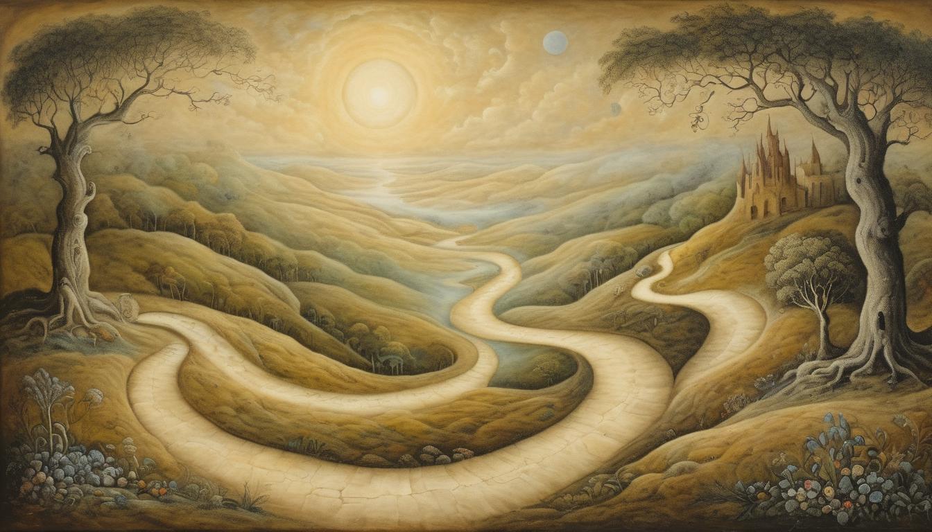  on parchment, surrealism++, a winding path leading into a luminous, celestial landscape, glowing with an otherworldly light, ethereal, transcendent, beckoning the unknown(mysterious, provocative, symbolic)++