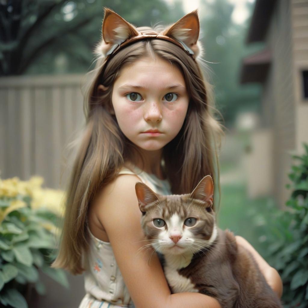  analog film photo a girl with brown hair and a kara on the head of a cat's ear . faded film, desaturated, 35mm photo, grainy, vignette, vintage, kodachrome, lomography, stained, highly detailed, found footage, film photography style