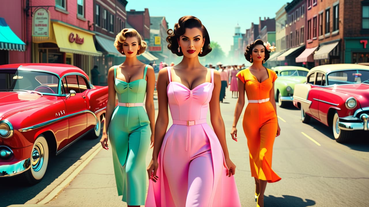  a vibrant street scene featuring diverse individuals dressed in colorful 1950s fashion: a line dresses, high waisted trousers, bold prints, and retro accessories, surrounded by vintage cars and nostalgic storefronts, capturing a lively vintage revival atmosphere. hyperrealistic, full body, detailed clothing, highly detailed, cinematic lighting, stunningly beautiful, intricate, sharp focus, f/1. 8, 85mm, (centered image composition), (professionally color graded), ((bright soft diffused light)), volumetric fog, trending on instagram, trending on tumblr, HDR 4K, 8K