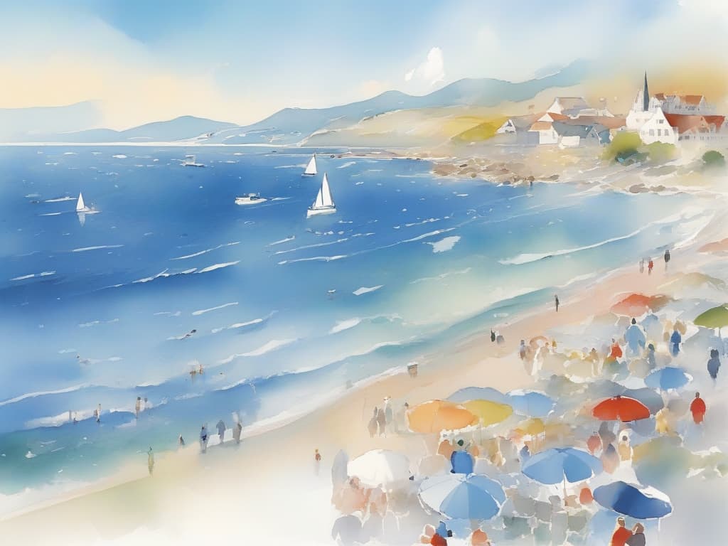  blue sky, seaside, many people, scenery