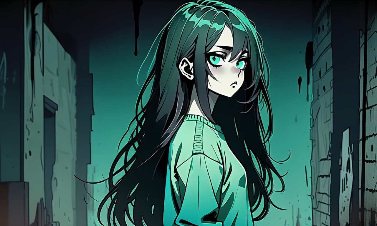  grunge style a girl in anime style with long black hair stands in the dark dressed in a pastel green sweater and pants. the girl looks into the darkness with black lower eyelids under the eyes full of fear of the unknown and curiosity, and the bright turquoise eyes themselves stand out against the background of everything. the colors in the image are dark and warm. . textured, distressed, vintage, edgy, punk rock vibe, dirty, noisy