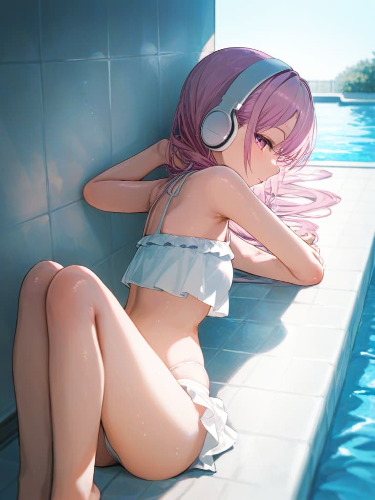  white headphones, poses that show your back, poses lying on the wall, blonde twin tails, white school swimwear, legs, frill paleo, pool, smiley girl, whole body, masterpiece, best quality,8k,ultra detailed,high resolution,an extremely delicate and beautiful,hyper detail