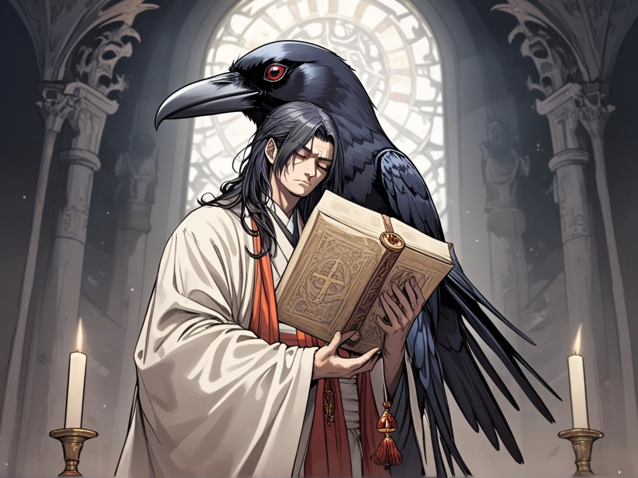  manga artwork a holy crow man wearing a robe holding a holy libram with his crow hands while standing at an altar. manga artist. manga, highly emotional. best quality, high resolution