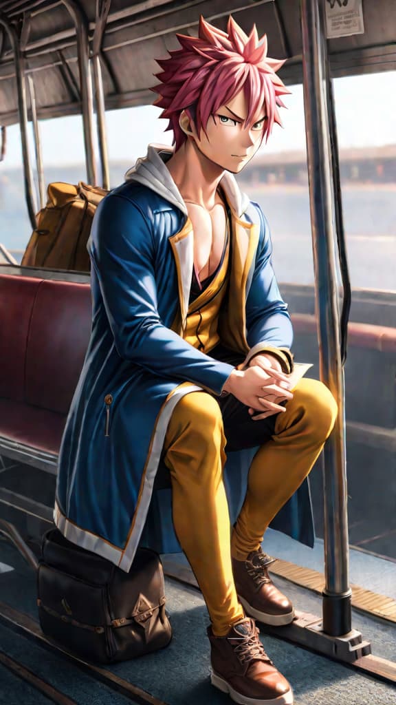  anime art: natsu dragneel from fairy tail, showing vulnerability and fear of transportation sickness. hyperrealistic, full body, detailed clothing, highly detailed, cinematic lighting, stunningly beautiful, intricate, sharp focus, f/1. 8, 85mm, (centered image composition), (professionally color graded), ((bright soft diffused light)), volumetric fog, trending on instagram, trending on tumblr, HDR 4K, 8K