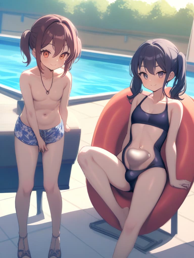  women's elementary students, twin tails, cute smiles, rich s, low stages, dark blue swimwear, old swimwear, swimwear, male, male, shaped clear , shaped clear phimosis, sharp stiff, male bulge, , front, whole body, pool side,