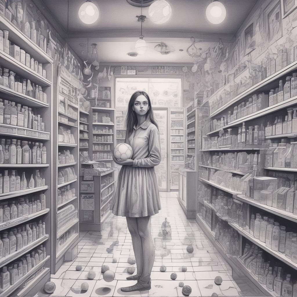  surrealist art drawing with a ballpoint pen on paper in the style of comics. a girl with an ordinary ball in her hands is standing in the middle of a pharmacy. . dreamlike, mysterious, provocative, symbolic, intricate, detailed