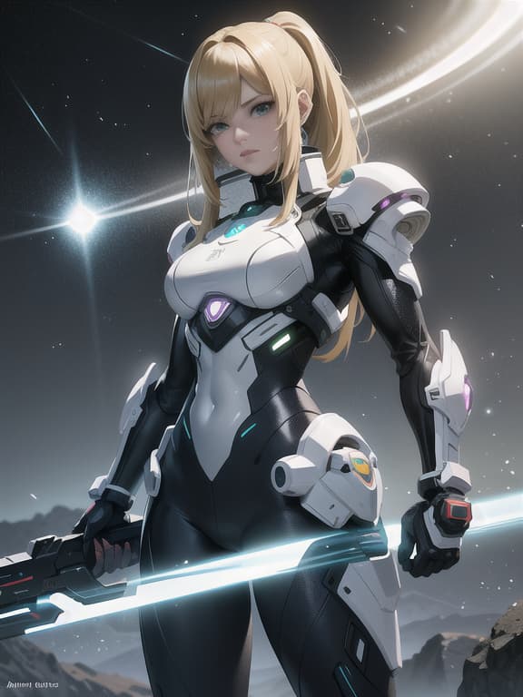  master piece, best quality, ultra detailed, highres, 4k.8k, samus aran, exploring an alien planet, wielding weapons, confident, break a futuristic adventure., exotic alien landscape, alien flora and fauna, high tech weaponry, break mysterious and otherworldly, futuristic lighting, holographic displays, energy effects,