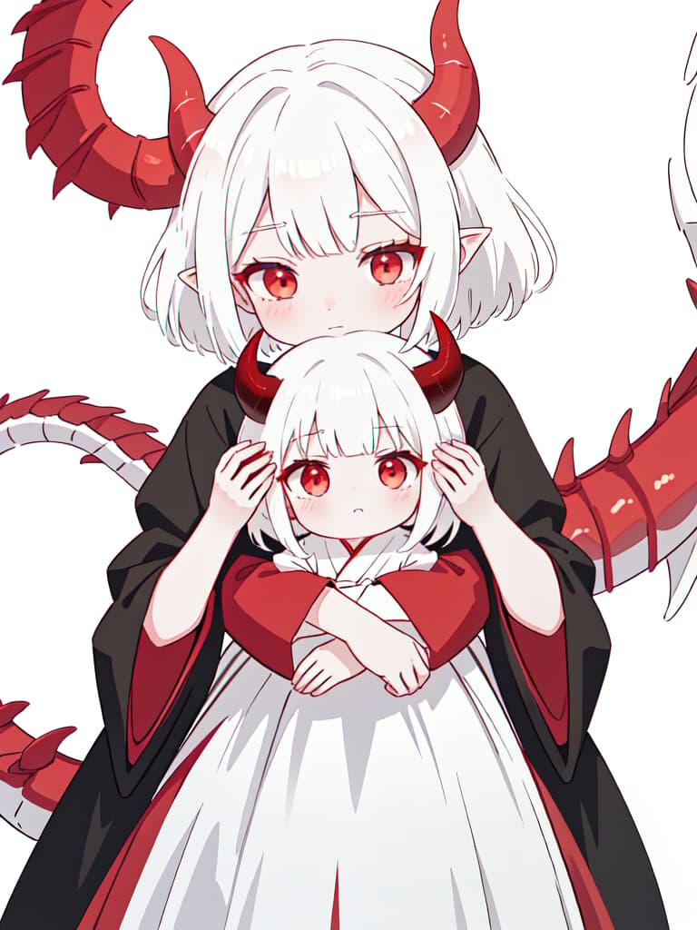  there are horns, girls, sharp ears, hakama, hinge, short hair, white hair, dragon's daughter, red and white hakama, red eyes, black horns, whole body, hugging litter real while dragon, masterpiece, best quality,8k,ultra detailed,high resolution,an extremely delicate and beautiful,hyper detail