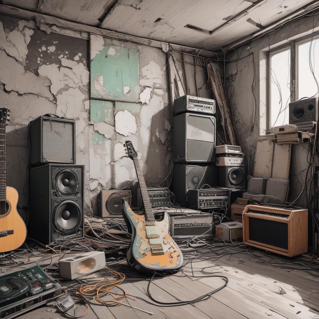  une chambre abandonnée en ruine avec une guitare électrique et un amplificateur de guitare vert , comic style, manga and manhwa style, painting style