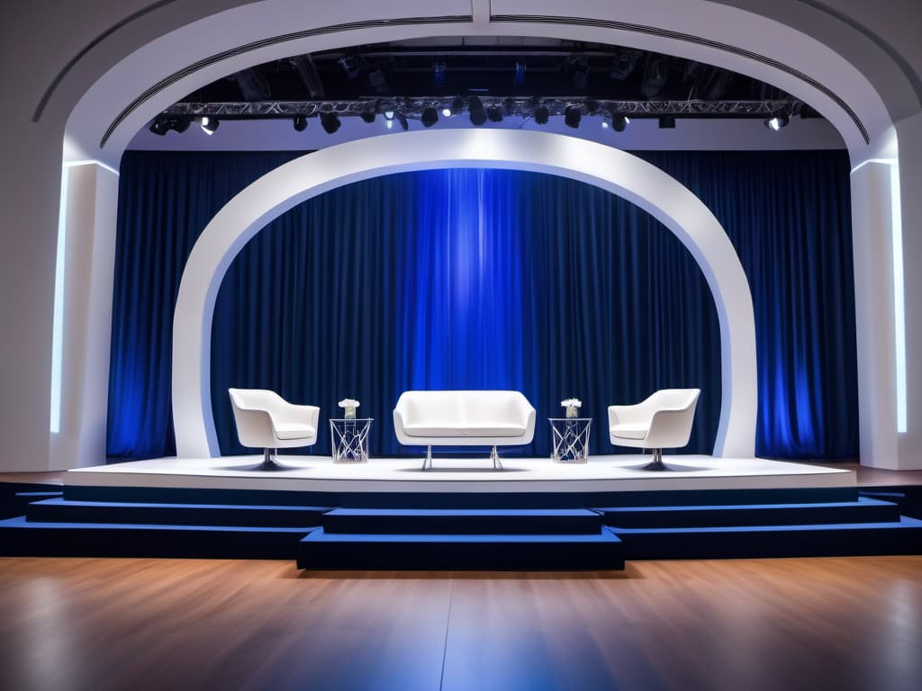  design a photorealistic 3d render of a sleek corporate event stage for an inauguration ceremony. the backdrop should feature an asymmetrical design with angled panels in shades of navy blue and white. incorporate led strip lighting along the edges of these panels to create a high tech look. the central focus should be a large led screen displaying the event title. the stage should be elevated and multi tiered, with a glossy white finish and subtle blue accent lighting along the edges. position five modern, white chairs for panelists, each with its own small table. add a taller, illuminated podium to the side for speakers. the flooring in front of the stage should be a luxurious carpet with a subtle pattern. include overhead lighting rigs wi hyperrealistic, full body, detailed clothing, highly detailed, cinematic lighting, stunningly beautiful, intricate, sharp focus, f/1. 8, 85mm, (centered image composition), (professionally color graded), ((bright soft diffused light)), volumetric fog, trending on instagram, trending on tumblr, HDR 4K, 8K