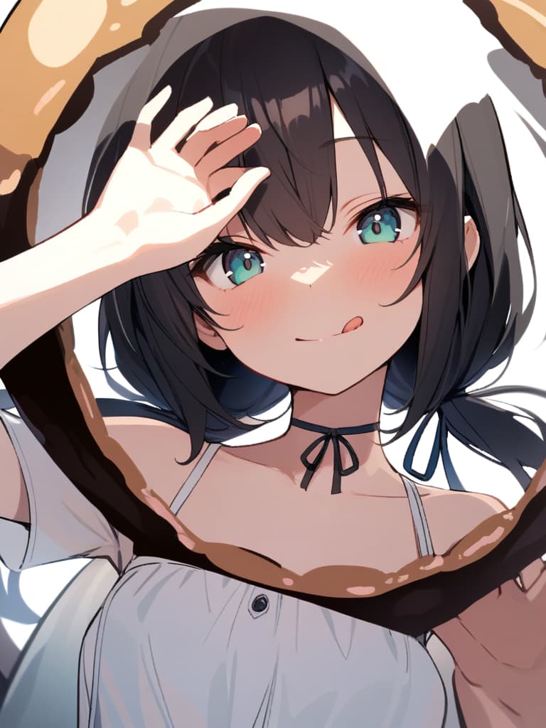  ultra detailed:1.2,masterpiece:1.2,best quality,masterpiece,bestquality,hdr:1.1,8k:1.1,very cute girl:1.3,(right hand up,holding middle size donut:1.4),(reaching right hand at viewer :1.4)((eye peeking through the middle size donut hole:1.8)),grin smile ,(close mouth:1.5),(tongue out:1.2),(frill sundress,ribbon strap:1.4),upper body:1.5,(face focus:1.4),(low twintail:1.5),(black hair:1.3),(white background color:1.4),ribbon choker:1.3,(head tilt:1.4),(looking at viewer:1.3)