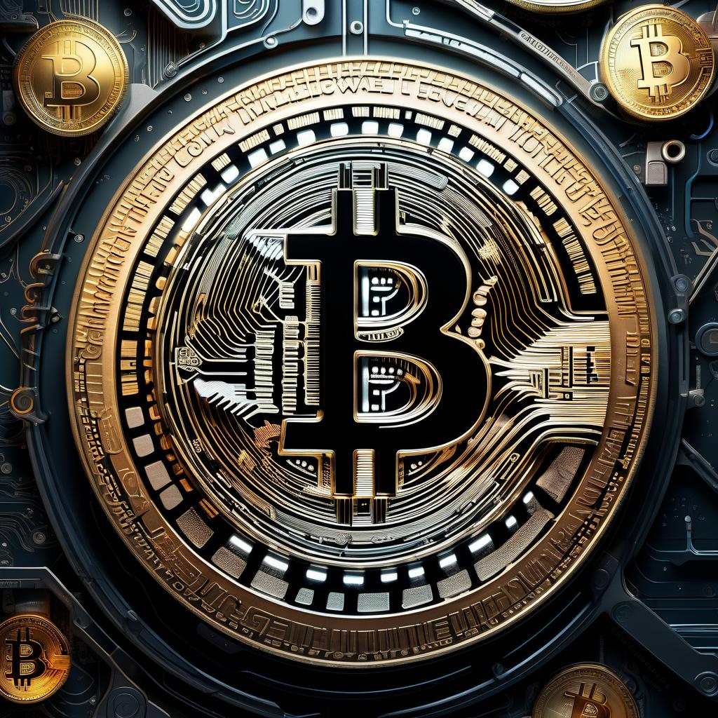  biomechanical style a large bitcoin coin with a beautiful background and an inscription under it cryptowave . blend of organic and mechanical elements, futuristic, cybernetic, detailed, intricate, hkmagic