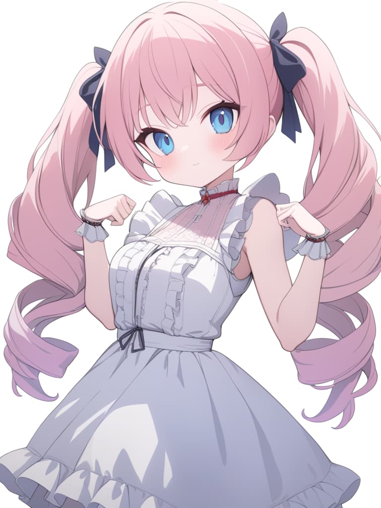  ((twin tail & drill hair: 1.5)){cute girl,pink hair color & blue eyes,((twin tail & drill hair: 1.5)),wearing white frilly dress},super detailed,high resolution,absurd,adopted,