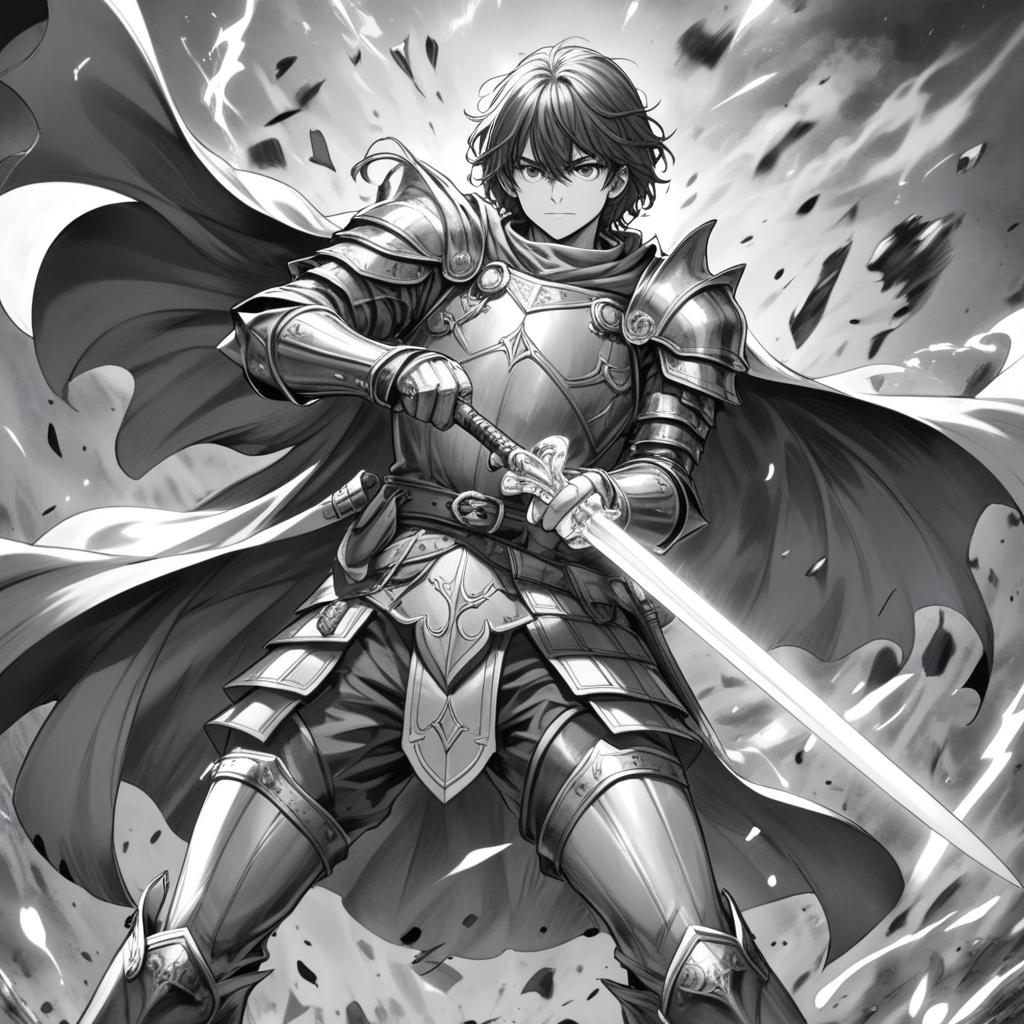  manga artwork fantasy, greyscale monochrome, manga materials, duel between knight and wizard, fullsize body view, legs. manga artist. manga, highly emotional. best quality, high resolution