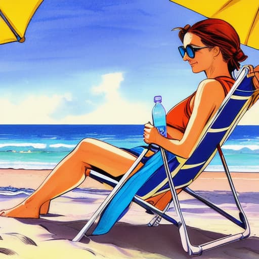  a woman sitting in a beach chair on a beach relaxing, dynamic pose, detailed, comic style