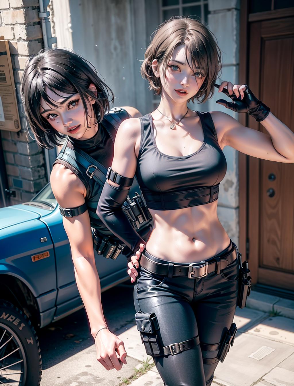  1girl, 2 old, young, beautiful buxom ravishing girl as jill valentine, age, (((fitted blue tank top with black pants))), ((black tactical vest and utility belt)), gloves, medium length short black hair flipped to left side, (((resident evil))), outdoor, smiling, 8k, uhd, hdr