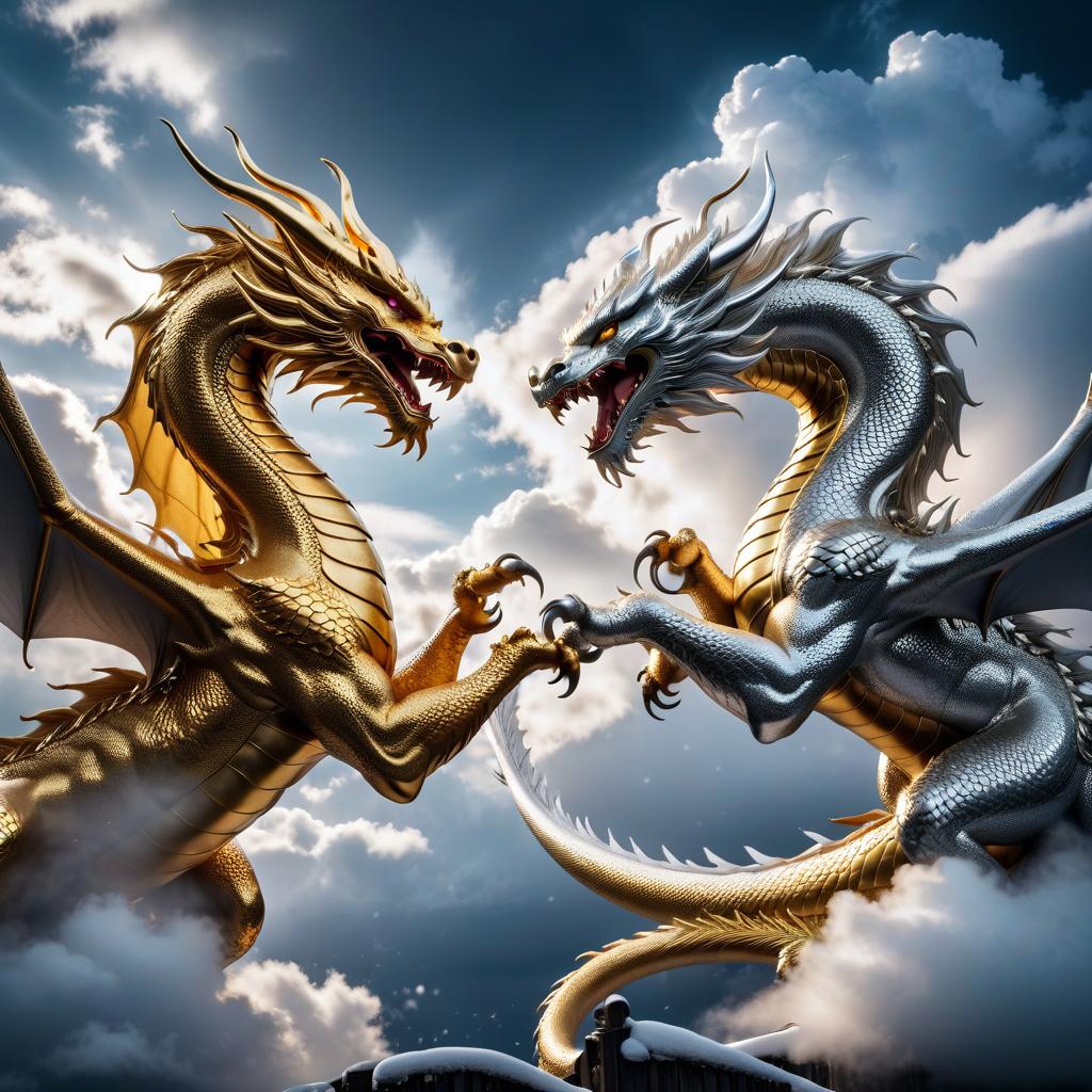  cinematic photo golden dragon and silver dragon fight in the dark sky in the snow clouds . 35mm photograph, film, bokeh, professional, 4k, highly detailed, civitai, hkmagic