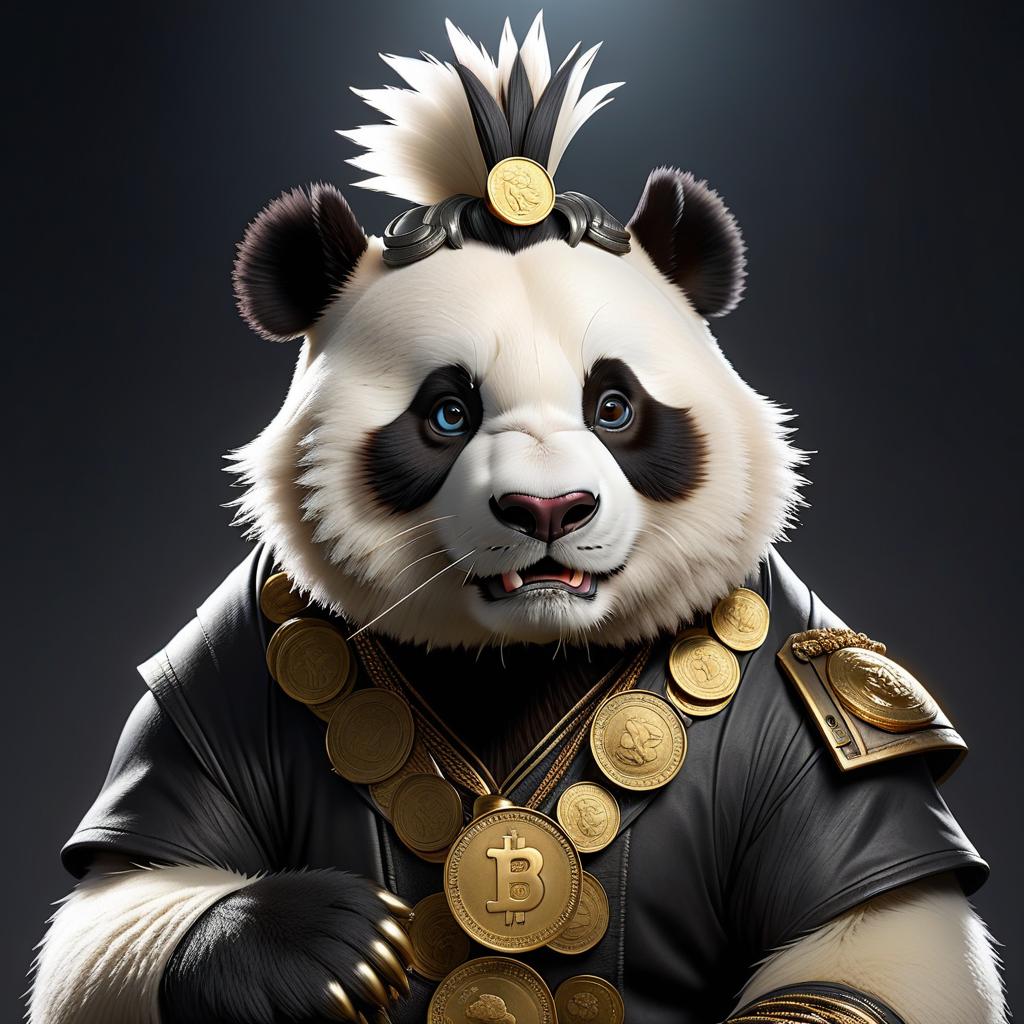  create a panda with a mohawk on its head and a large coin in its paws on a dark gray background hyperrealistic, full body, detailed clothing, highly detailed, cinematic lighting, stunningly beautiful, intricate, sharp focus, f/1. 8, 85mm, (centered image composition), (professionally color graded), ((bright soft diffused light)), volumetric fog, trending on instagram, trending on tumblr, HDR 4K, 8K