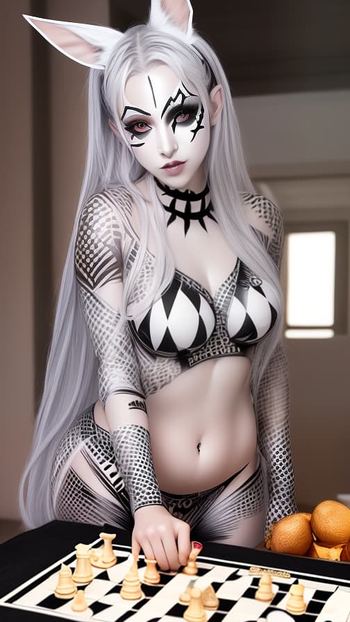  Chessboard check body paint in every corner of the body, Silver body paint all over the body, white face paint on the face, Dark elf 女性