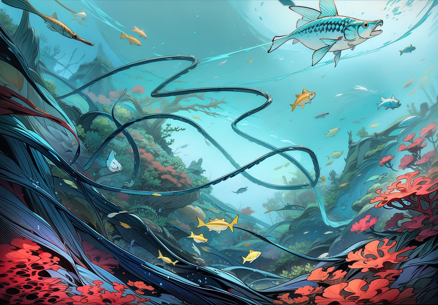  best quality, masterpiece, elegant line art, blue theme, fish, solo, dynamic lines, intricate line work, smooth and flowing lines, artistic composition, high detail, exquisite design, harmonious, vibrant and dynamic, 8k resolution, crisp and clear, minimalist, refined line art, graceful fish, colorful coral, lush water plants, underwater scenery, detailed background elements, vibrant aquatic environment