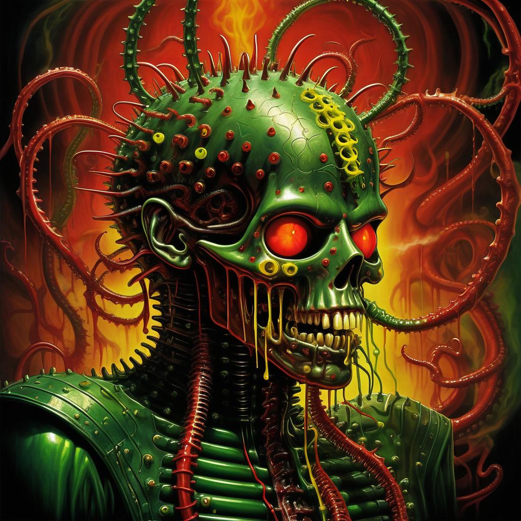  retro game art hellraiser whisperer giger demon looks scary prickly red watch in yellow smoke and green sparks suction cups tentacles eyes lower jaw sting tentacles claws and a terrible moan in red smoke in yellow rings of green steam the wound flows with mucus juice . 16 bit, vibrant colors, pixelated, nostalgic, charming, fun