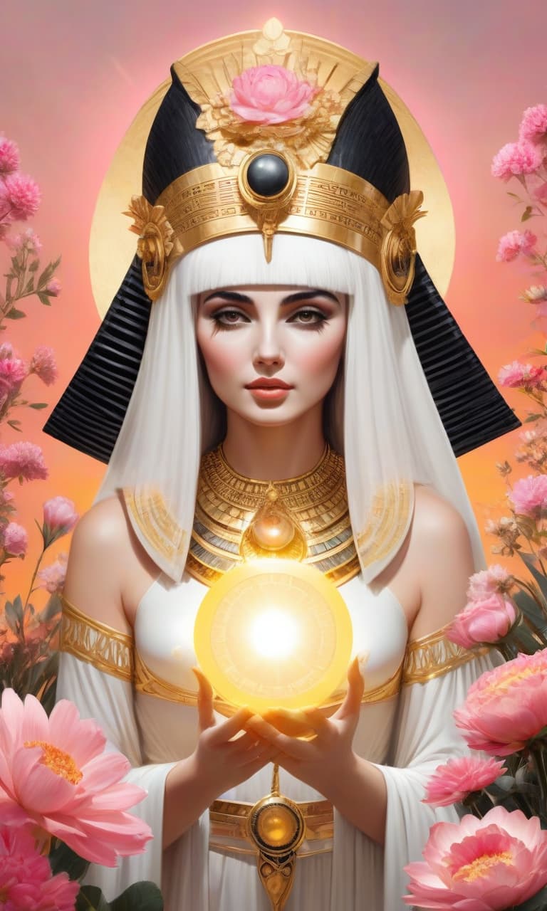  concept art black, white, gold, pink cleopatra holds the sun in her hands, many flowers . digital artwork, illustrative, painterly, matte painting, highly detailed, perfect hands