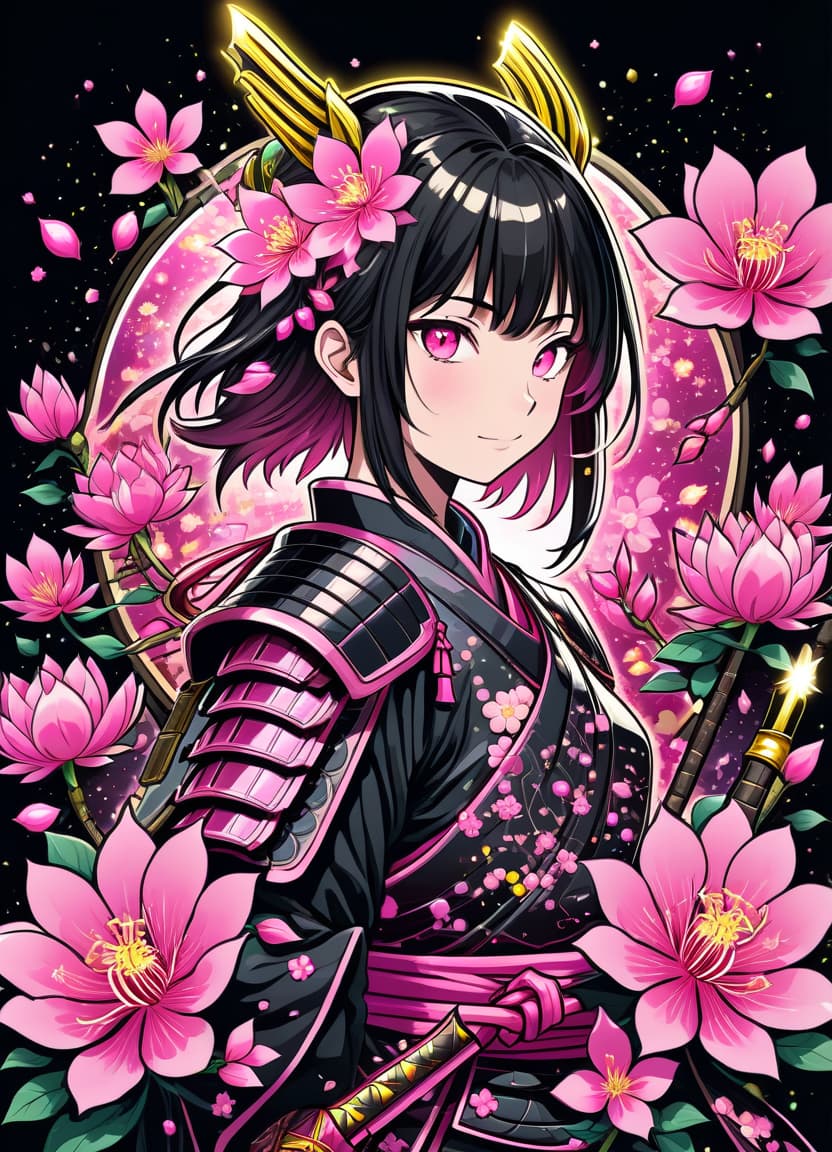  a humorous illustration. bright colors, cartoon style. on the black background, shiny contours outlines of silhouette of a japanese samurai girl in samurai armor, made of japanese sacura flower, (pink color japanese sacura flower:1.4), frame with intricate thin ornamentation from comet, stars and cosmic dust: (thin: 1,4) lines ,