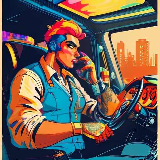  a worker driving on the drivers seat of a car, (pop art) bright colors ,comic style ,mass culture references hyperrealistic, full body, detailed clothing, highly detailed, cinematic lighting, stunningly beautiful, intricate, sharp focus, f/1. 8, 85mm, (centered image composition), (professionally color graded), ((bright soft diffused light)), volumetric fog, trending on instagram, trending on tumblr, HDR 4K, 8K