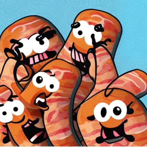  A group of funny line drawing characters of a sausages wrapped in bacon with legs and a smile dancing.