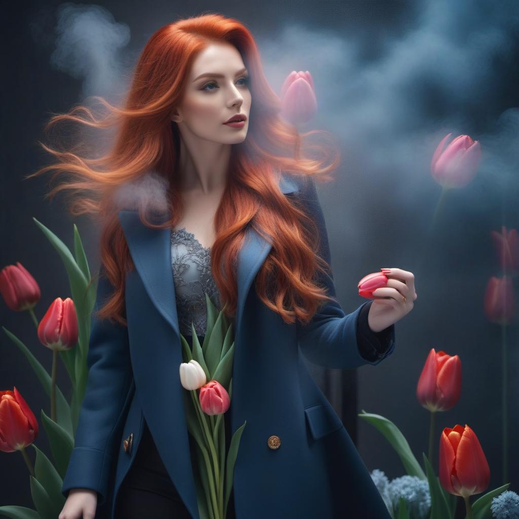  A red-haired woman in a blue coat with a bouquet of tulips hyperrealistic, full body, detailed clothing, highly detailed, cinematic lighting, stunningly beautiful, intricate, sharp focus, f/1. 8, 85mm, (centered image composition), (professionally color graded), ((bright soft diffused light)), volumetric fog, trending on instagram, trending on tumblr, HDR 4K, 8K