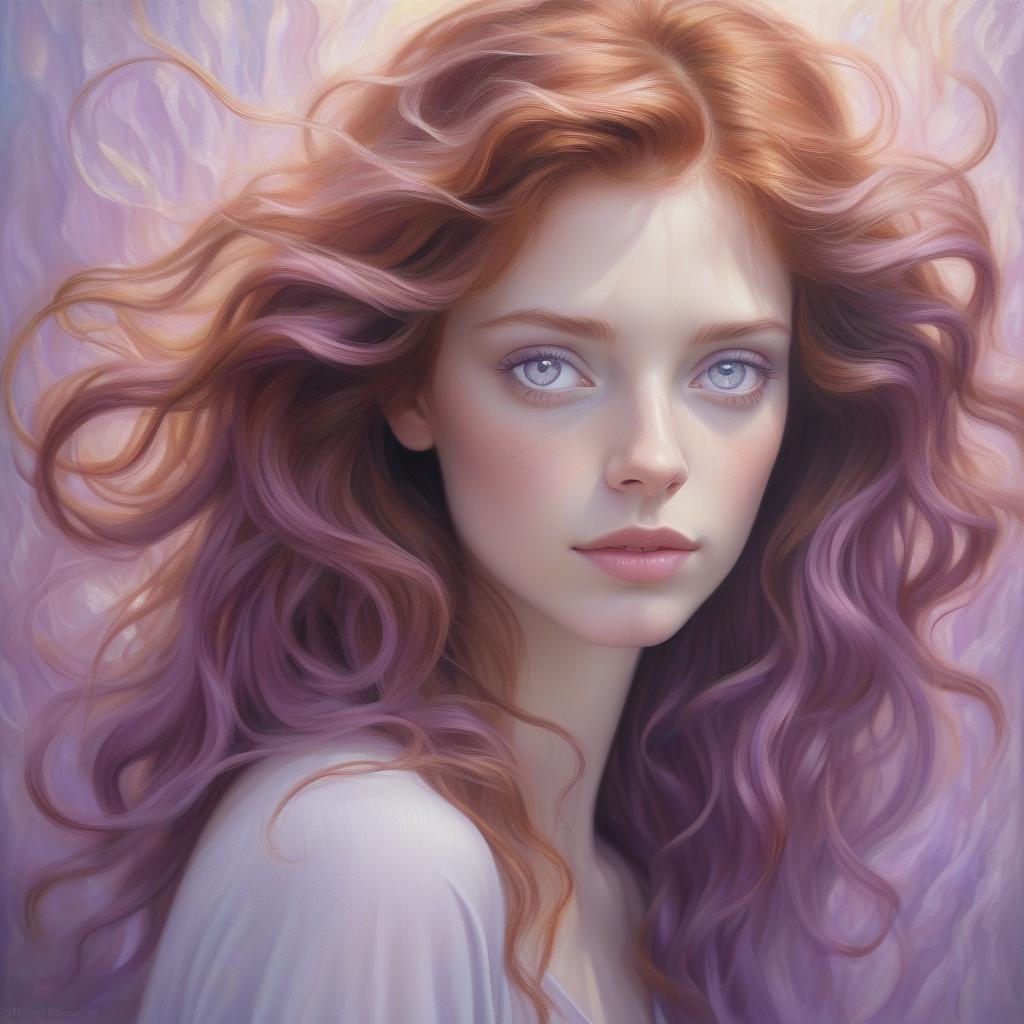  hyperrealistic art wavy auburn haired woman with light purple eyes, oil painting, soft and dreamy, pastel color tones, detailed hair strands, whimsical fantasy, ethereal lighting, high quality . extremely high resolution details, photographic, realism pushed to extreme, fine texture, incredibly lifelike