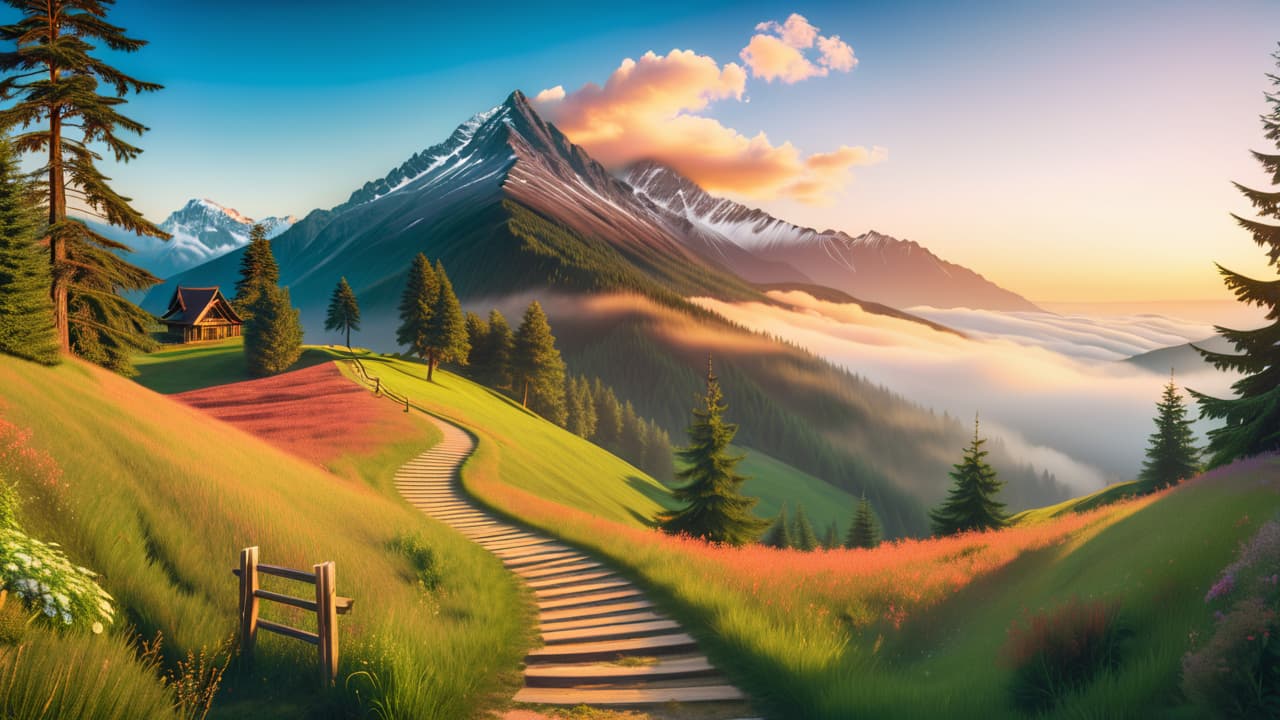  a serene landscape with a winding path leading towards a distant mountain peak, dotted with signposts indicating different goals, such as education, fitness, and career, surrounded by vibrant trees and a clear blue sky. hyperrealistic, full body, detailed clothing, highly detailed, cinematic lighting, stunningly beautiful, intricate, sharp focus, f/1. 8, 85mm, (centered image composition), (professionally color graded), ((bright soft diffused light)), volumetric fog, trending on instagram, trending on tumblr, HDR 4K, 8K