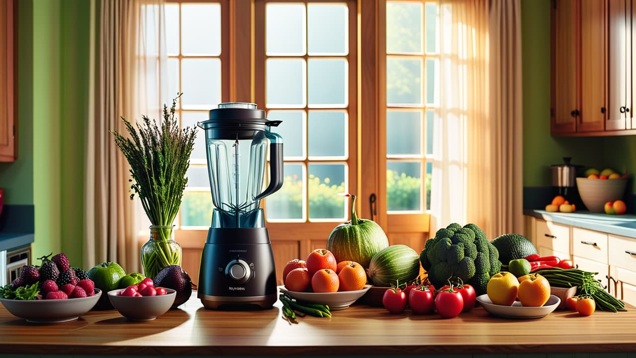  a vibrant kitchen scene with fresh fruits and vegetables, a wooden cutting board, a blender, and a colorful salad. sunlight streams through a window, illuminating the raw ingredients and creating a warm, inviting atmosphere. hyperrealistic, full body, detailed clothing, highly detailed, cinematic lighting, stunningly beautiful, intricate, sharp focus, f/1. 8, 85mm, (centered image composition), (professionally color graded), ((bright soft diffused light)), volumetric fog, trending on instagram, trending on tumblr, HDR 4K, 8K