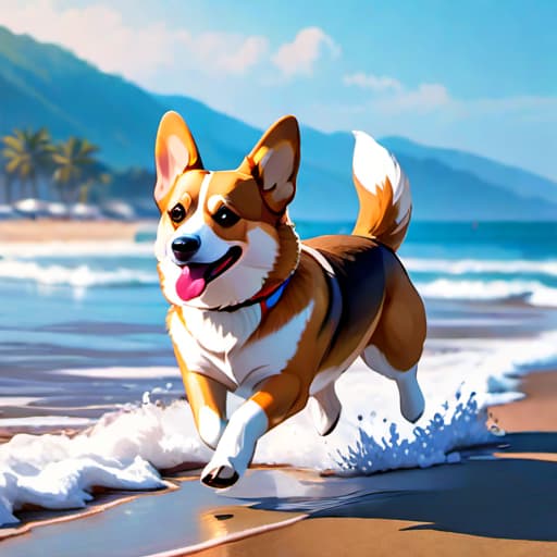  a corgi dog running on the beach hyperrealistic, full body, detailed clothing, highly detailed, cinematic lighting, stunningly beautiful, intricate, sharp focus, f/1. 8, 85mm, (centered image composition), (professionally color graded), ((bright soft diffused light)), volumetric fog, trending on instagram, trending on tumblr, HDR 4K, 8K