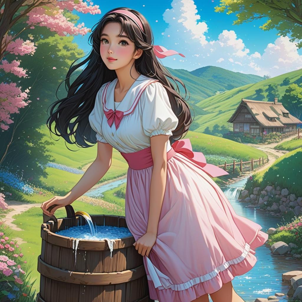  ### scene 2: washing clothes **description**: a graceful woman is washing colorful clothes in a basin next to the well. she is dressed in a flowing white and soft pink dress. a basket of laundry sits nearby. "a cheerful anime style character is beside a wooden barrel with water, set in a vibrant countryside scene. she wears a pink dress with a red sash and has long, dark hair adorned with a headband with pink ribbon. behind her, laundry in various pastel colors is hung along a line, and flowers dot the landscape with a serene stream flowing nearby under a clear blue sky.", anime artwork, anime style, key visual, vibrant, studio anime, highly detailed