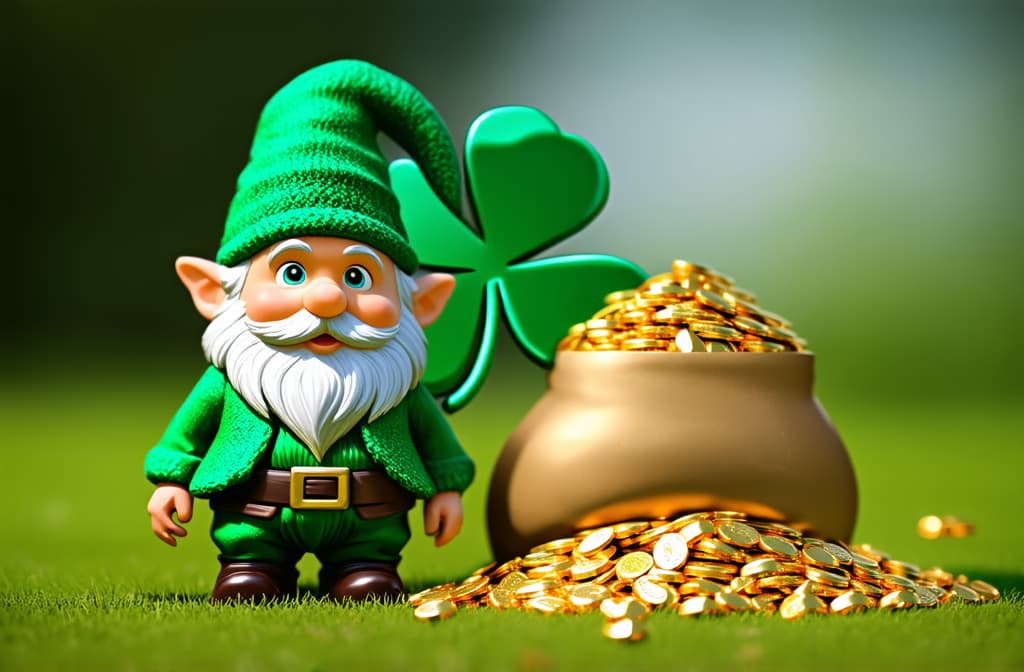  a gnome in green clothes stands next to a bag of gold and a shamrock ar 3:2 {prompt}, maximum details